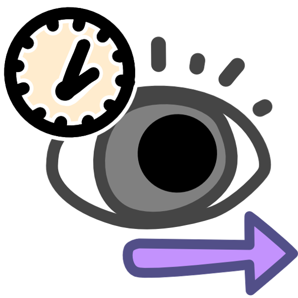 An image with dark line art shows a grey eye with a purple arrow below it. Overlapping with the eye at the top corner of the image is a clock with an odd white face.